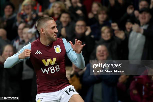 Conor Hourihane of Aston Villa celebrates scoring the opening goal during the Premier League match between Aston Villa and Newcastle United at Villa...