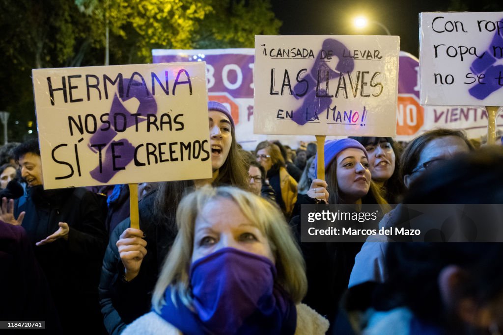 Women protesting with placards during a demonstration to...