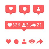 Like, comment user, view, follower repost. Social media icons.