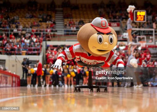 Brutus the Buckeye fly around on a rolling chair during TV time out in the game between the Ohio State Buckeyes and the Kent State Golden Flashes at...