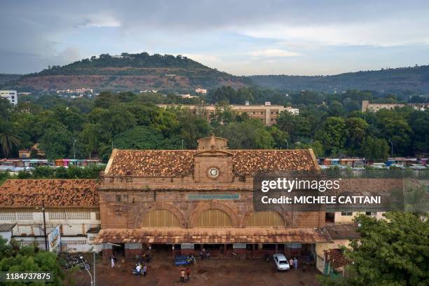 An aerial view shows the central train station facade in Bamako on October 21, 2019. - In Mali, where no trains have run for a year and a half, the...