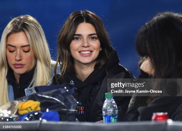 Kendall Jenner attends the game between the Los Angeles Rams and the Baltimore Ravens at the Los Angeles Memorial Coliseum on November 25, 2019 in...