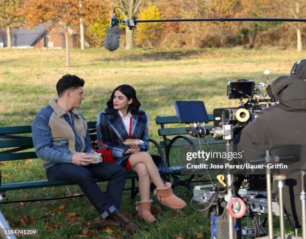 Zane Holtz and Lucy Hale are seen on the set of "Katy Keene" on November 25, 2019 in New York City.