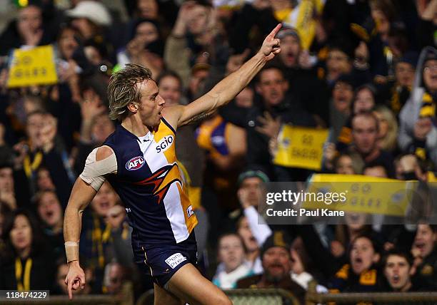 Mark Nicoski of the Eagles celebrates a goal during the round 16 AFL match between the West Coast Eagles and the Geelong Cats at Patersons Stadium on...