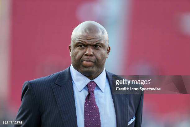 Monday Night Football commentator Booger Mcfarland before the Baltimore Ravens vs Los Angeles Rams football game on November 25 at the Los Angeles...