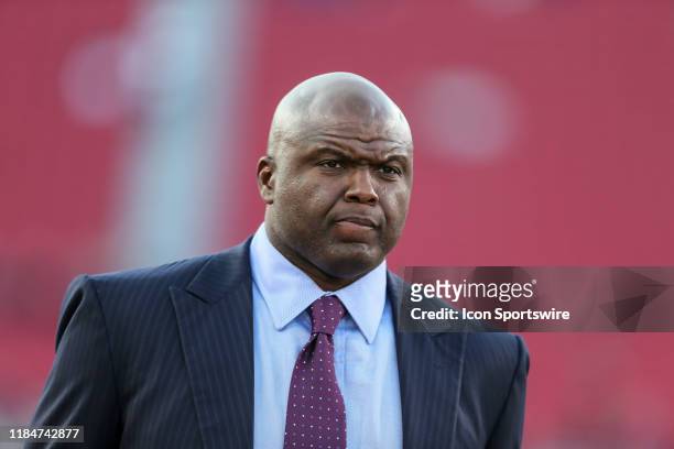 Monday Night Football commentator Booger Mcfarland before the Baltimore Ravens vs Los Angeles Rams football game on November 25 at the Los Angeles...