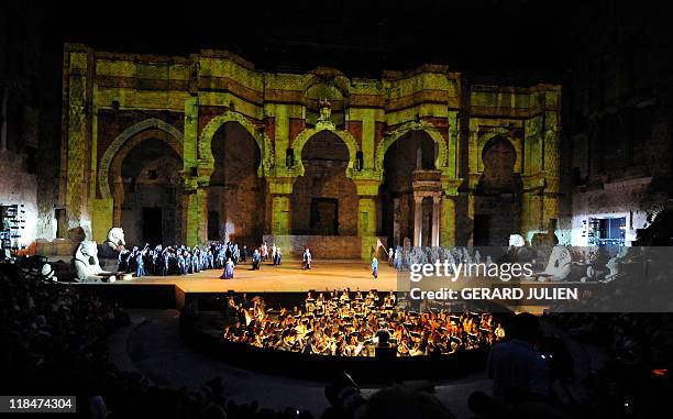 Actors perform during the rehearsal of Italian Giuseppe Verdi opera "Aida" on July 7 in Orange, southern France, during the Choregies d'Orange, a...
