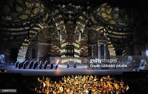 Actors perform during the rehearsal of Italian Giuseppe Verdi opera "Aida" on July 7 in Orange, southern France, during the Choregies d'Orange, a...