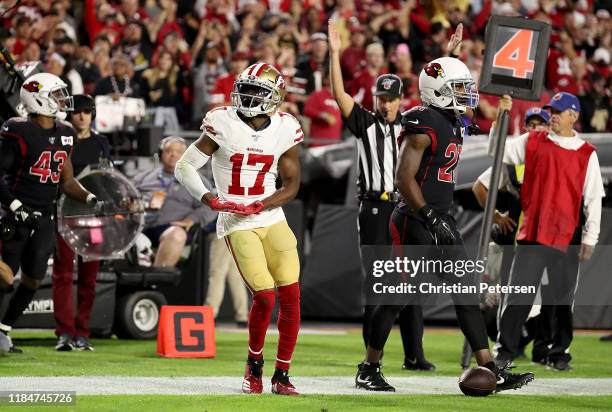 Wide receiver Emmanuel Sanders of the San Francisco 49ers celebrates his touchdown in the second quarter over the Arizona Cardinals during the game...