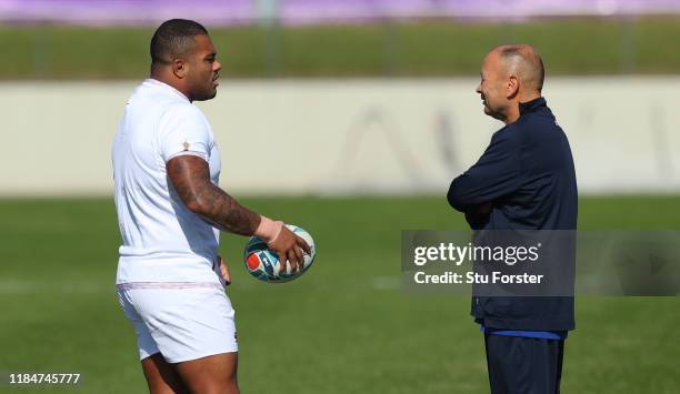 England coach Eddie Jones chats with Kyle Sinckler during England captains run ahead of the 2019 Rugby World Cup Final at Fuchu Asahi Football Park...