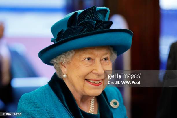 Queen Elizabeth visits the new headquarters of the Royal Philatelic society on November 26, 2019 in London, England.