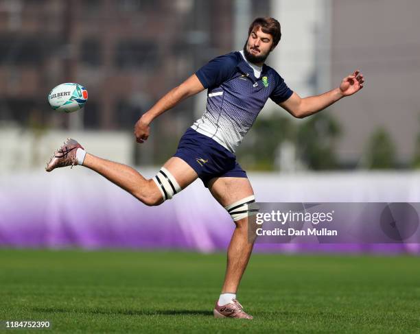 Lodewyk de Jager of South Africa controls the ball during the South Africa Captain's Run ahead of their 2019 Rugby World Cup Final match against...