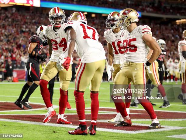 Wide receiver Kendrick Bourne of the San Francisco 49ers celebrates his touchdown in the second quarter over the Arizona Cardinals in the game at...