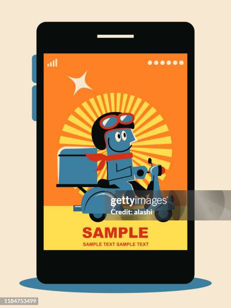 fast food delivery service app on a smartphone, blue man riding motorcycle on a mobile phone - man ready to eat stock illustrations