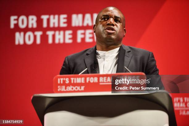 Labour MP David Lammy speaks at the launch of the Labour Race and Faith Manifesto at the Bernie Grant Arts Centre on November 26, 2019 in London,...