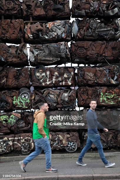 Wall of crushed cars in the bar area in Digberth, Birmingham, United Kingdom. Digbeth is an area of Central Birmingham, England. Following the...