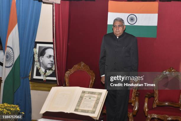 Governor Jagdeep Dhankhar pays tribute to Baba Saheb Bhimrao Ambedkar on the occasion of Constitution Day, at Raj Bhavan, on November 26, 2019 in...