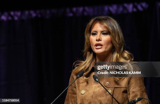 First Lady Melania Trump addresses the B'More Youth Summit in Baltimore, Maryland, on November 26, 2019. - The purpose of the summit is to promote...