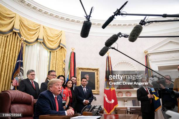 President Donald Trump speaks during a signing ceremony for an executive order establishing the Task Force on Missing and Murdered American Indians...