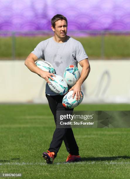 England 2003 hero Jonny Wilkinson holding balls looks on during England captains run ahead of the 2019 Rugby World Cup Final at Fuchu Asahi Football...