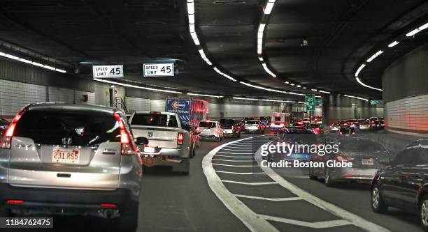 Late evening rush hour traffic in the Thomas P. "Tip" O'Neill Jr. Tunnel heads southbound in Boston on Nov. 6, 2019. Bostons current traffic...