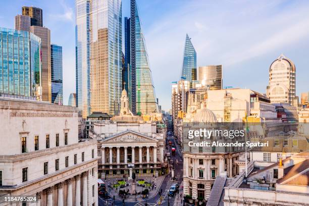 royal exchange building and skyscrapers of london city, high angle view, london, england, uk - central london stock pictures, royalty-free photos & images