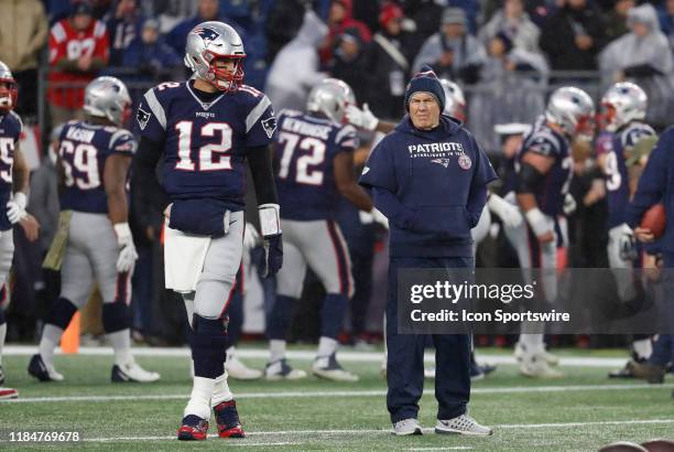 New England Patriots quarterback Tom Brady and New England Patriots head coach Bill Belichick during warm up before a game between the New England...