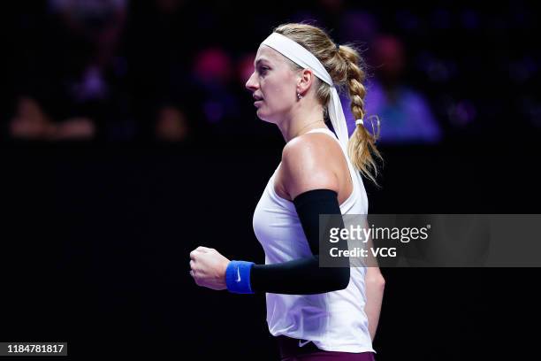 Petra Kvitova of the Czech Republic reacts in the Women's Singles group match against Ashleigh Barty of Australia on Day five of the 2019 WTA Finals...