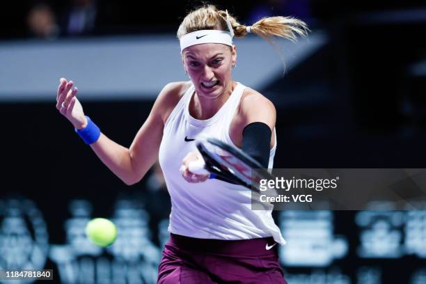 Petra Kvitova of the Czech Republic competes in the Women's Singles group match against Ashleigh Barty of Australia on Day five of the 2019 WTA...