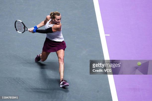 Petra Kvitova of the Czech Republic competes in the Women's Singles group match against Ashleigh Barty of Australia on Day five of the 2019 WTA...