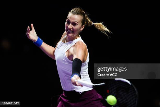 Petra Kvitova of the Czech Republic competes in the Women's Singles group match against Ashleigh Barty of Australia on Day five of the 2019 WTA...