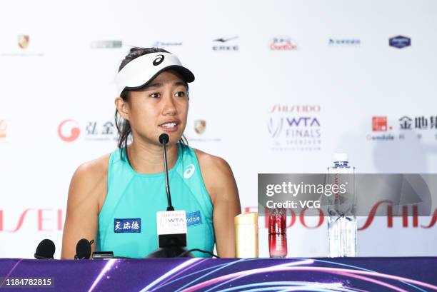 Zhang Shuai of China attends a press conference on Day five of the 2019 WTA Finals at Shenzhen Bay Sports Center on October 31, 2019 in Shenzhen,...