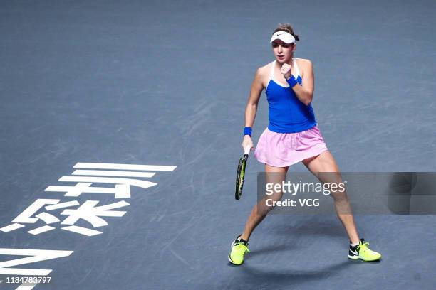 Belinda Bencic of Switzerland competes in the Women's Singles group match against Kiki Bertens of the Netherlands on Day five of the 2019 WTA Finals...