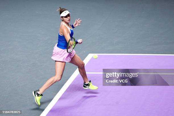 Belinda Bencic of Switzerland competes in the Women's Singles group match against Kiki Bertens of the Netherlands on Day five of the 2019 WTA Finals...