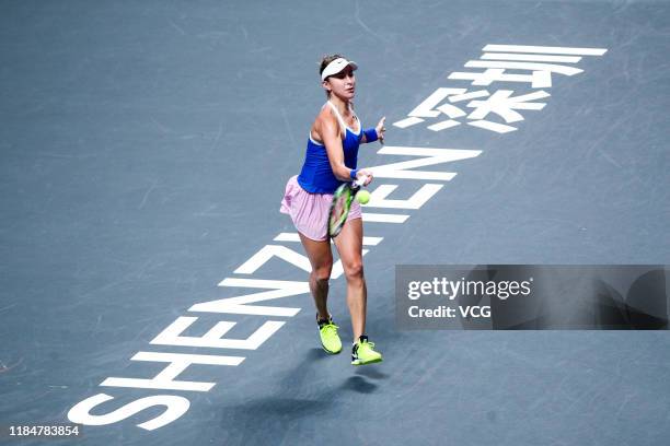 Belinda Bencic of Switzerland competes in the Women's Singles group match against Kiki Bertens of the Netherlands on Day five of the 2019 WTA Finals...