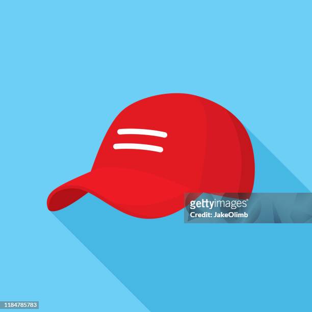 stockillustraties, clipart, cartoons en iconen met rode baseballcap pictogram plat - pet