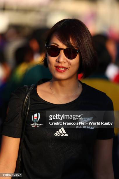 New Zealand fan arrives at the stadium prior to the Rugby World Cup 2019 Bronze Final match between New Zealand and Wales at Tokyo Stadiumon November...