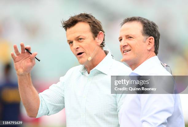 Adam Gilchrist and Mark Waugh commentate during game three of the Men's International Twenty20 match between Australia and Sri Lanka at Melbourne...