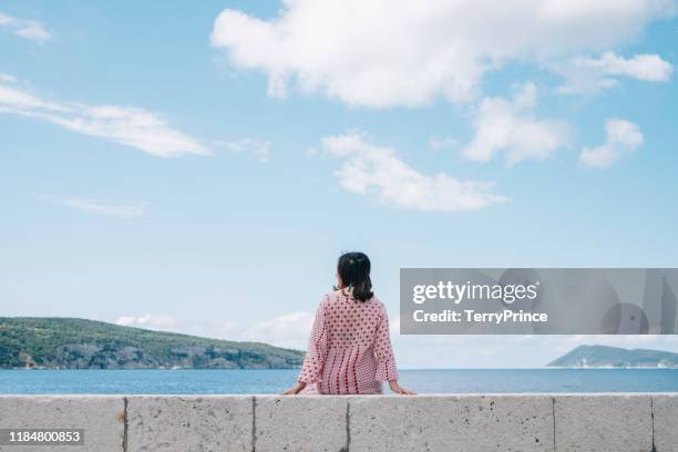 a tourist sitting on a slope while waiting a ferry to leave - vis fotografías e imágenes de stock
