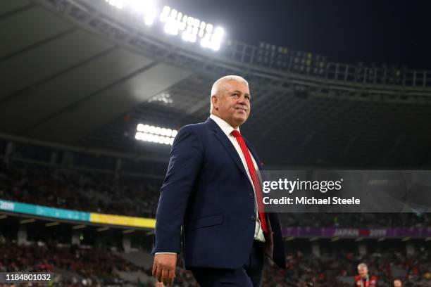 Warren Gatland, Head Coach of Wales looks on prior to the Rugby World Cup 2019 Bronze Final match between New Zealand and Wales at Tokyo Stadium on...