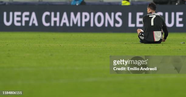 Cristiano Ronaldo of Juventus looks on during the UEFA Champions League group D match between Juventus and Atletico Madrid at Allianz Stadium on...