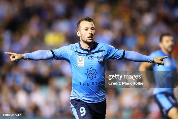 Adam Le Fondre of Sydney FC celebrates scoring a goal during the round four A-League match between Sydney FC and the Newcastle Jets at Leichhardt...