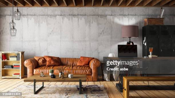 interni loft con divano in pelle - materiale di pelle animale foto e immagini stock