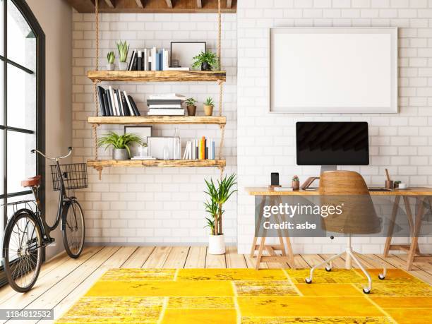 home office with workplace and bicycle - home office ergonomics stock pictures, royalty-free photos & images