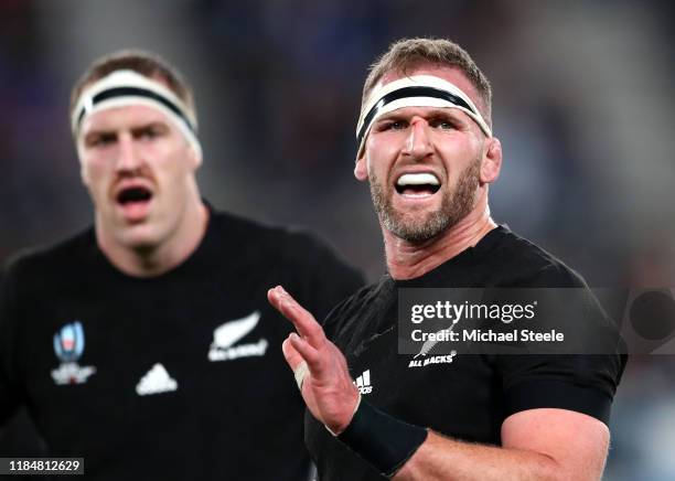 Kieran Read of New Zealand gives instructions during the Rugby World Cup 2019 Bronze Final match between New Zealand and Wales at Tokyo Stadium on...