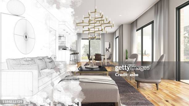 half drawing sketch modern living room interior - new sofa stock pictures, royalty-free photos & images