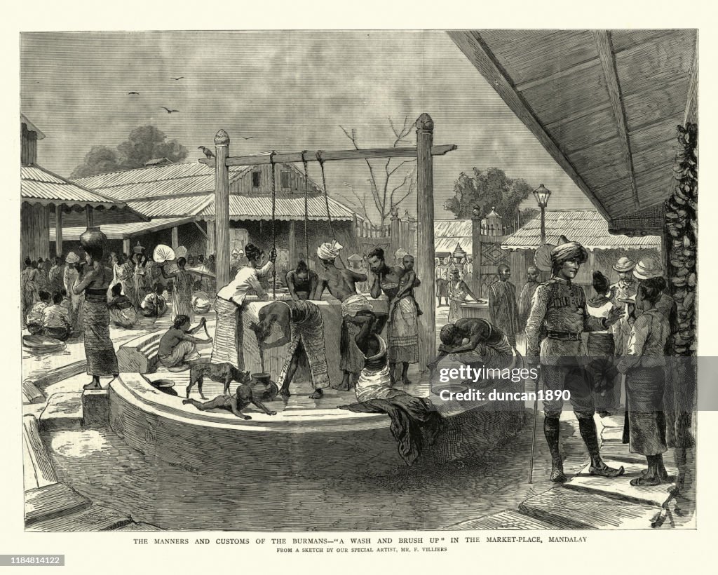 Burmese people washing themselves at a public well, Victorian
