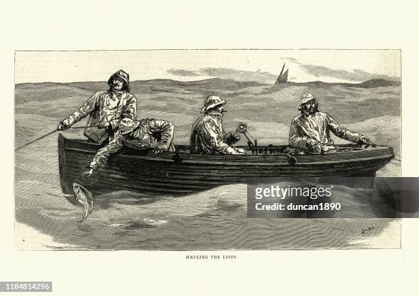 kabeljaufang in der nordsee, hauling-linien, victorianm 1880er jahre - north sea stock-grafiken, -clipart, -cartoons und -symbole