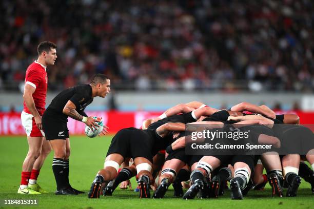 Aaron Smith of New Zealand waits to put the ball into the scrum during the Rugby World Cup 2019 Bronze Final match between New Zealand and Wales at...