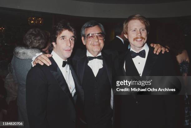 From left to right, 'Happy Days' co-stars Henry Winkler, Tom Bosley and Ron Howard, 1981.